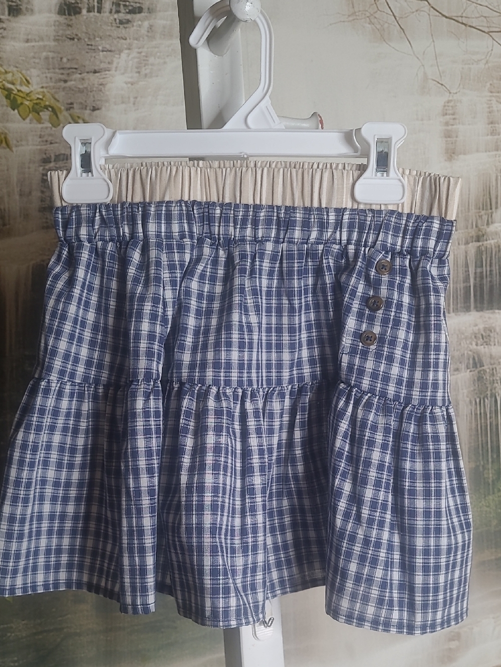 New with tags! Speechless Girls Medium blue tan plaid flowy skirt button accents